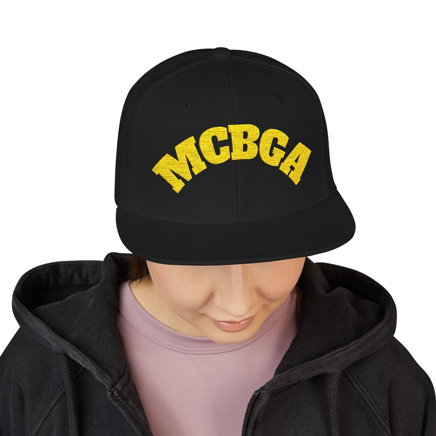 GCBGA Glitter Text Snapback Hat | Embroidered Black & Purple Flat Brim