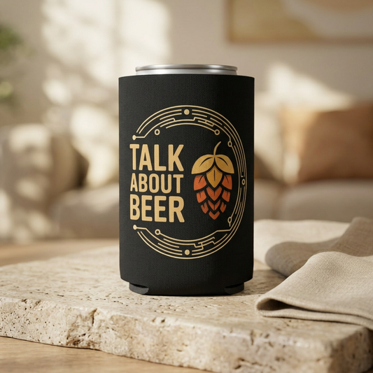Talk About Beer Can Cooler – Beer Lovers Koozie with Hop Graphic